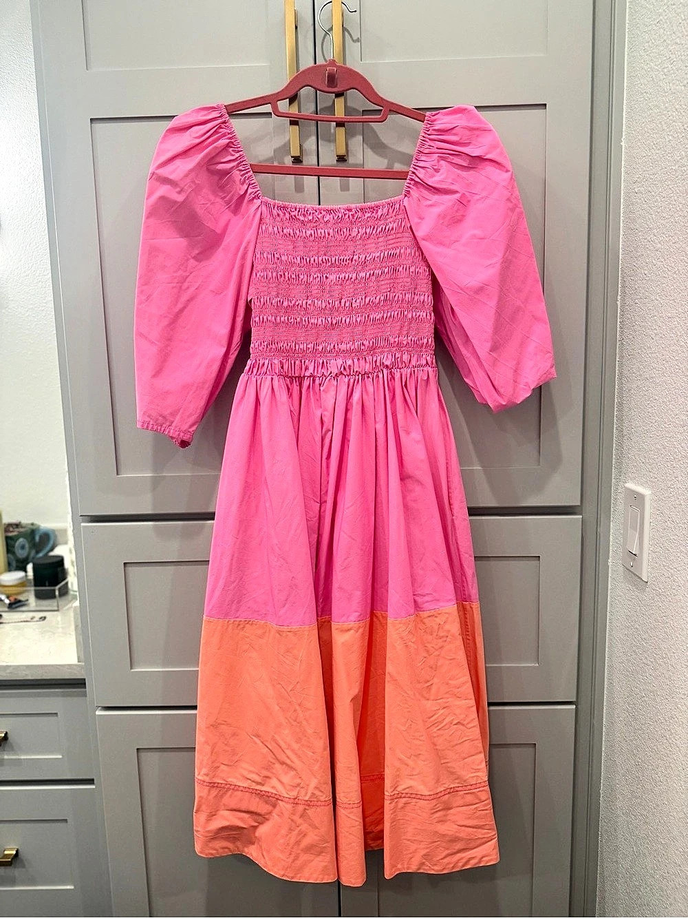 Tanya Taylor Karena Colorblock Midi Dress in Pink & Orange